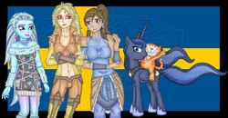 Size: 1259x653 | Tagged: safe, artist:shadowcross, princess luna, g4, abbey bominable, belly button, cheetara, crossover, flag, korra, midriff, monster high, obtrusive watermark, poppy cat, sweden, swedish flag, the legend of korra, thundercats, watermark