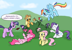 Size: 1673x1179 | Tagged: safe, artist:ambrosebuttercrust, applejack, fluttershy, pinkie pie, rainbow dash, rarity, twilight sparkle, earth pony, pegasus, pony, unicorn, g4, mane six, plant, unicorn twilight