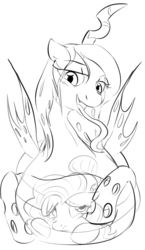 Size: 692x1194 | Tagged: safe, artist:dotkwa, fluttershy, queen chrysalis, changeling, pony, blushing, chrysalispred, female, fetish, flutterprey, forked tongue, grayscale, long tongue, mare, monochrome, sketch, tongue out, transparent flesh, vore