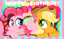 Size: 990x600 | Tagged: safe, artist:honeypuff, applejack, pinkie pie, g4, cupcake, pixiv