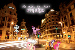 Size: 980x653 | Tagged: safe, applejack, fluttershy, pinkie pie, rainbow dash, rarity, twilight sparkle, alicorn, pony, g4, city, female, irl, madrid, mane six, mare, night, photo, ponies in real life, scenery, spain, town, twilight sparkle (alicorn), wallpaper