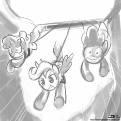 Size: 850x850 | Tagged: safe, artist:johnjoseco, apple bloom, scootaloo, sweetie belle, g4, bungee jumping, cutie mark crusaders, grayscale, monochrome