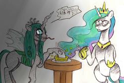 Size: 1328x892 | Tagged: safe, artist:asdf314159265, princess celestia, queen chrysalis, g4, bloodshot eyes, cheesecake, duo