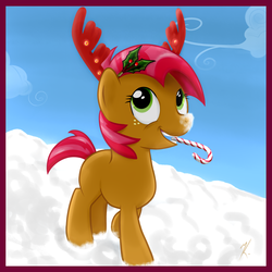 Size: 900x900 | Tagged: safe, artist:everypone, babs seed, earth pony, pony, reindeer, g4, antlers, candy cane, female, holly, solo