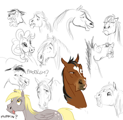 Size: 988x966 | Tagged: safe, artist:yulyeen, derpy hooves, pinkie pie, horse, pegasus, pony, g4, female, hoers, mare, realistic, sketch