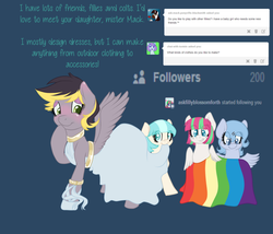 Size: 1280x1097 | Tagged: safe, artist:askfillycoco, blossomforth, coco pommel, oc, oc:aero, oc:bubblepop, pegasus, pony, g4, ask, ballet slippers, blue background, blushing, bracelet, clothes, colt, crossdressing, dress, grin, makeup, male, offspring, parent:derpy hooves, parent:oc:warden, parents:canon x oc, parents:warderp, simple background, smiling, spread wings, tumblr, younger