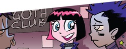 Size: 480x190 | Tagged: safe, idw, official comic, pinkie pie, equestria girls, g4, goth, gothic pinkie, pinkamena diane pie, pinkie pie's boutique, unnamed character, unnamed human
