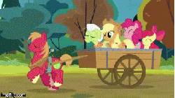 Size: 360x202 | Tagged: safe, screencap, apple bloom, applejack, big macintosh, granny smith, pinkie pie, earth pony, pony, g4, pinkie apple pie, animated, apples to the core, bobbing, cart, female, filly, foal, gif, imgflip, loop, male, mare, stallion