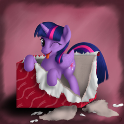 Size: 1200x1200 | Tagged: safe, alternate version, artist:bluespaceling, twilight sparkle, alicorn, pony, g4, behaving like a cat, box, cardboard box, female, mare, pink background, pony in a box, simple background, solo, tongue out, twilight sparkle (alicorn), wink