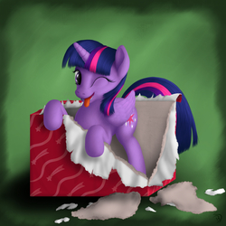 Size: 1200x1200 | Tagged: safe, alternate version, artist:bluespaceling, twilight sparkle, alicorn, pony, g4, behaving like a cat, box, cardboard box, female, green background, mare, pony in a box, simple background, solo, tongue out, twilight sparkle (alicorn), wink