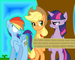 Size: 900x720 | Tagged: safe, artist:artsygum, applejack, rainbow dash, twilight sparkle, g4, rope