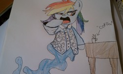 Size: 3264x1952 | Tagged: safe, artist:fiarel, rainbow dash, genie, g4, clothes, coffee, female, horribly drawn table, morning ponies, pajamas, solo, trace, traditional art, yawn