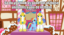 Size: 960x539 | Tagged: safe, edit, edited screencap, screencap, rainbow dash, pegasus, pony, a bird in the hoof, g4, season 1, dialogue, female, image macro, male, misspelling, pegasus royal guard, pickup lines, royal guard, seduction, stallion, straight, text