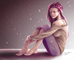 Size: 939x761 | Tagged: safe, artist:ddhew, fluttershy, human, g4, barefoot, clothes, feet, female, humanized, light skin, off shoulder, sad, sitting, solo, sweater, sweatershy