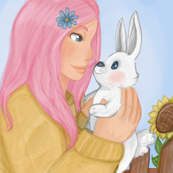 Size: 3000x3000 | Tagged: safe, artist:superlucky13, angel bunny, fluttershy, human, g4, clothes, high res, humanized, light skin, sweater, sweatershy