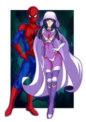 Size: 2480x3507 | Tagged: safe, artist:sugarnhoney, twilight sparkle, human, spiders and magic: rise of spider-mane, g4, amethyst sorceress, bodysuit, breasts, cleavage, crossover, crossover shipping, female, humanized, light skin, looking at you, male, marvel, smiling, spider-man, spidertwi, standing