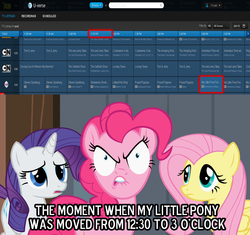 Size: 1280x1204 | Tagged: safe, edit, edited screencap, screencap, fluttershy, pinkie pie, rarity, g4, the last roundup, adventure time, angry, caption, cartoon network, codename kids next door, dodge junction, hub network, littlest pet shop, looney tunes, male, meme, nopony breaks a pinkie promise, pound puppies, scooby-doo!, the amazing world of gumball, the garfield show, tom and jerry, tv guide