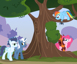 Size: 2500x2100 | Tagged: safe, artist:anarchemitis, pinkie pie, pokey pierce, rainbow dash, soarin', spider, g4, female, incoming prank, male, mask, prank, ship:pokeypie, ship:soarindash, shipping, straight