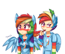 Size: 1997x1673 | Tagged: safe, artist:youngpegasister, rainbow dash, human, g4, blushing, eared humanization, female, humanized, light skin, male, rainbow blitz, rule 63, selfcest, ship:dashblitz, shipping, straight, wingboner, winged humanization