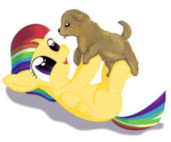 Size: 1200x1000 | Tagged: safe, artist:stinkehund, oc, oc only, dog, pegasus, pony, :p, cute, diabetes, female, fluffy, holding, on back, open mouth, puppy, smiling, solo, tongue out