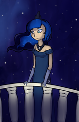 Size: 831x1286 | Tagged: safe, artist:rizzych, princess luna, human, g4, balcony, female, humanized, light skin, night, solo