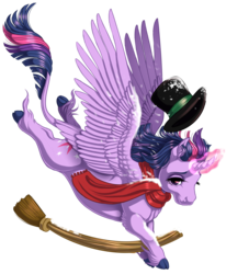 Size: 1506x1655 | Tagged: safe, artist:kittehkatbar, twilight sparkle, alicorn, classical unicorn, pony, g4, broom, clothes, female, hat, horn, leonine tail, lidded eyes, looking at you, magic, scarf, simple background, smiling, snow, snowfall, solo, spread wings, top hat, transparent background, twilight sparkle (alicorn), unshorn fetlocks