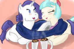 Size: 3000x2000 | Tagged: safe, artist:twizzle, coco pommel, rarity, g4, clothes, female, hot chocolate, lesbian, scarf, shared clothing, shared scarf, ship:marshmallow coco, shipping