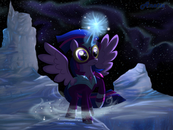 Size: 1000x750 | Tagged: safe, artist:anna-krylova, twilight sparkle, alicorn, pony, g4, power ponies (episode), clothes, costume, female, iceberg, mare, masked matter-horn costume, power ponies, snow, solo, spread wings, twilight sparkle (alicorn), wings