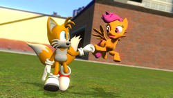 Size: 1366x768 | Tagged: safe, artist:legoguy9875, scootaloo, g4, 3d, brofist, crossover, hoofbump, male, miles "tails" prower, scootaloo can fly, sonic the hedgehog (series), source filmmaker