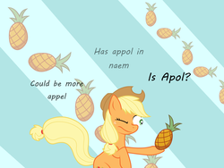 Size: 2500x1875 | Tagged: safe, artist:foxdeimos, applejack, pony, g4, abstract background, appul, female, hoof hold, meme, pineapple, pineapplejack, silly, silly pony, solo, special eyes, thinking, wink