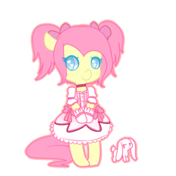 Size: 1000x1000 | Tagged: safe, artist:pegacornss, angel bunny, fluttershy, g4, alternate hairstyle, cosplay, crossover, duo, female, heart eyes, incubator (species), kyubey, madoka kaname, magical girl, no pupils, puella magi madoka magica, simple background, solo, transparent background, wingding eyes