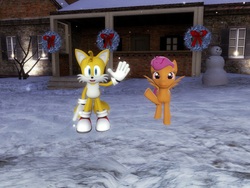 Size: 1280x960 | Tagged: safe, artist:famguy3, scootaloo, g4, 3d, christmas, crossover, gmod, hearth's warming, male, miles "tails" prower, sonic the hedgehog (series)
