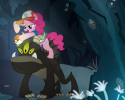Size: 1168x933 | Tagged: safe, artist:pixelkitties, pinkie pie, earth pony, pony, star spider, three eyed cavewanderer frog, g4, background monster, cave, clothes, female, mare, parody, poké ball, pokémon, scariest cave in equestria, unknown creature