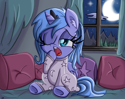 Size: 990x782 | Tagged: safe, artist:daniel-sg, princess luna, pony, g4, clothes, cute, female, filly, hnnng, lunabetes, morning ponies, pajamas, solo, sweet dreams fuel, tired, woona, yawn