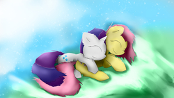 Size: 2560x1440 | Tagged: safe, artist:fuzzyfox11, fluttershy, rarity, g4, duo, female, lesbian, ship:flarity, shipping