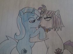 Size: 960x720 | Tagged: safe, artist:bronynel, trixie, oc, oc:shooting star, g4, canon x oc, kissing, shipping, traditional art