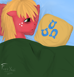 Size: 1591x1643 | Tagged: safe, artist:scouthiro, big macintosh, caramel, earth pony, pony, g4, bed, gay, male, pillow, sad, ship:caramac, shipping, stallion, tired