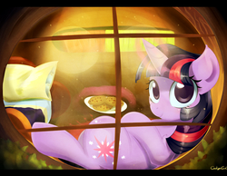 Size: 2701x2101 | Tagged: safe, artist:carligercarl, twilight sparkle, pony, unicorn, g4, bed, cookie, female, golden oaks library, looking at you, pillow, solo, unicorn twilight, window
