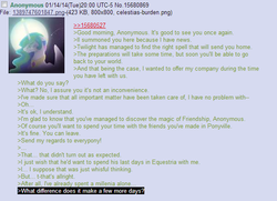 Size: 618x447 | Tagged: safe, princess celestia, g4, /mlp/, 4chan, 4chan screencap, anon in equestria, feels, greentext, implied suicide, rejection, rejection is magic, sad, text