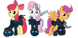 Size: 2038x1000 | Tagged: safe, artist:madmax, apple bloom, scootaloo, sweetie belle, pegasus, pony, unicorn, g4, anthony carmine, armor, ben carmine, benjamin carmine, carmine brothers, carmine family, clay carmine, clayton carmine, crossover, cutie mark crusaders, female, gears of war, gun, helmet, hooves, horn, looking at you, mare, older, rifle, simple background, smiling, sniper rifle, spread wings, text, weapon, white background, wings