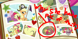 Size: 1455x725 | Tagged: safe, edit, edited screencap, screencap, apple bloom, applejack, big macintosh, pinkie pie, earth pony, pony, g4, pinkie apple pie, butt, circled, female, male, mare, photos, plot, screen, stallion