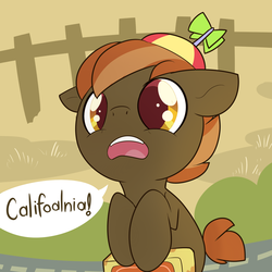 Size: 2000x2000 | Tagged: safe, artist:thenecrobalam, button mash, earth pony, pony, g4, buttonbetes, california, colt, cute, foal, hat, hooves, male, nintendo, open mouth, propeller hat, solo, speech bubble, teeth, the wizard (film)