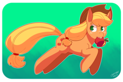 Size: 2491x1660 | Tagged: safe, artist:chiptoony, applejack, earth pony, pony, g4, abstract background, apple, applejack's hat, cowboy hat, cute, female, food, freckles, hat, jackabetes, mare, mouth hold, no pupils, solo