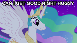 Size: 666x374 | Tagged: safe, princess celestia, alicorn, pony, g4, bronybait, cute, cutelestia, female, grin, hug, hug request, image macro, jewelry, mare, night, outdoors, regalia, sky, smiling, solo, spread wings, stars