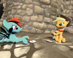 Size: 1280x1024 | Tagged: safe, artist:gergta, applejack, rainbow dash, g4, 3d, eating, feederjack, feeding, gmod, pizza, weight gain, weight gain sequence