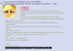 Size: 605x421 | Tagged: safe, applejack, g4, /mlp/, 4chan, 4chan screencap, anon in equestria, feels, greentext, rejection, rejection is magic, sad, text