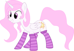 Size: 5000x3447 | Tagged: safe, artist:qcryzzy, princess celestia, alicorn, pony, g4, absurd resolution, clothes, cute, female, filly, grin, pink-mane celestia, simple background, smiling, socks, solo, striped socks, transparent background
