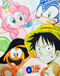 Size: 1256x1595 | Tagged: dead source, safe, artist:sonicaldrenonnetwork, pinkie pie, g4, 2014, crossover, crossover nexus, male, mass crossover, monkey d. luffy, one piece, sonic the hedgehog, sonic the hedgehog (series), traditional art, wander (wander over yonder), wander over yonder