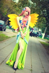 Size: 682x1024 | Tagged: safe, artist:nastarelie, fluttershy, human, g4, clothes, cosplay, dress, gala dress, irl, irl human, photo, solo