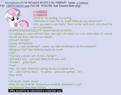 Size: 609x480 | Tagged: safe, sweetie belle, g4, /mlp/, 4chan, 4chan screencap, anon in equestria, feels, greentext, rejection, rejection is magic, sad, text